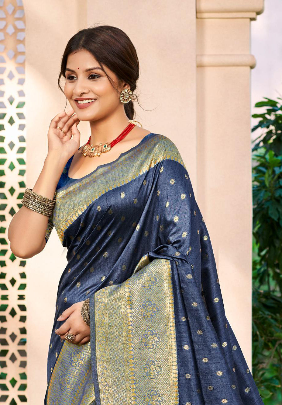 Sangam Prints Navy Blue Assam Silk Woven Work Traditional Saree - Distacart