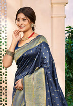 Sangam Prints Navy Blue Assam Silk Woven Work Traditional Saree - Distacart