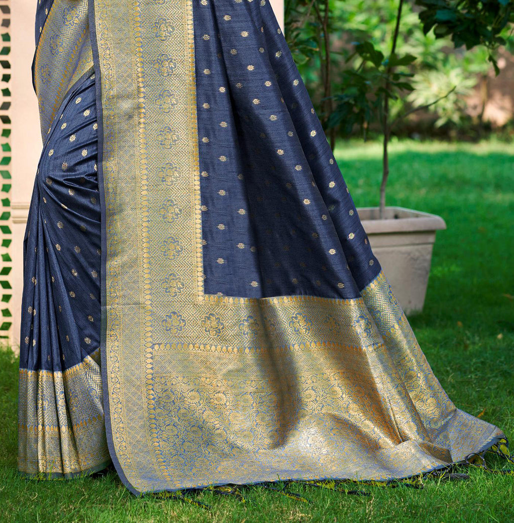 Sangam Prints Navy Blue Assam Silk Woven Work Traditional Saree - Distacart