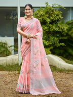 Sangam Prints Peach Linen Woven Work Traditional Saree - Distacart