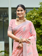 Sangam Prints Peach Linen Woven Work Traditional Saree - Distacart