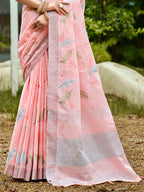 Sangam Prints Peach Linen Woven Work Traditional Saree - Distacart