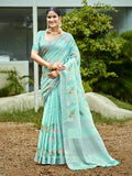 Sangam Prints Aqua Blue Linen Woven Work Traditional Saree - Distacart