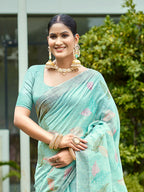 Sangam Prints Aqua Blue Linen Woven Work Traditional Saree - Distacart