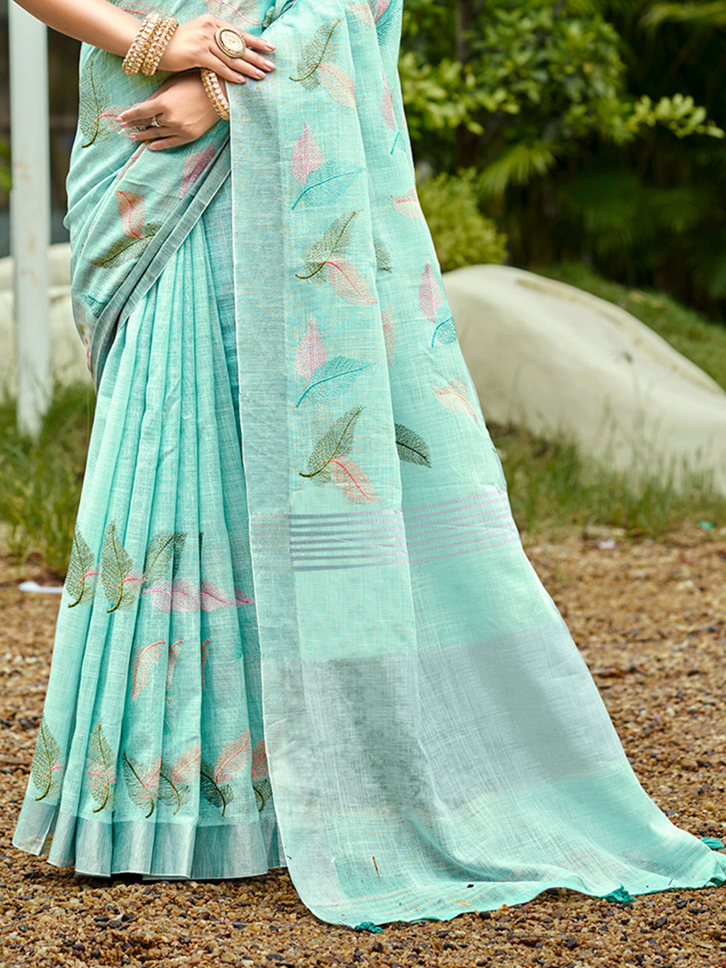 Sangam Prints Aqua Blue Linen Woven Work Traditional Saree - Distacart