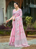 Sangam Prints Pink Linen Woven Work Traditional Saree