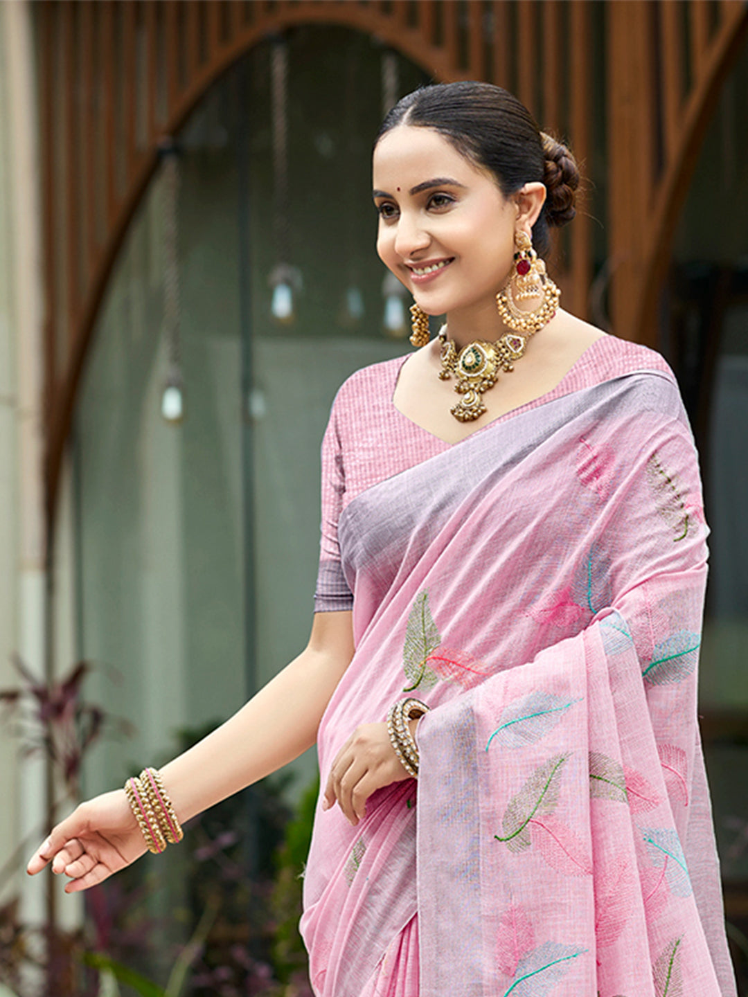 Sangam Prints Pink Linen Woven Work Traditional Saree