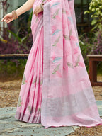 Sangam Prints Pink Linen Woven Work Traditional Saree
