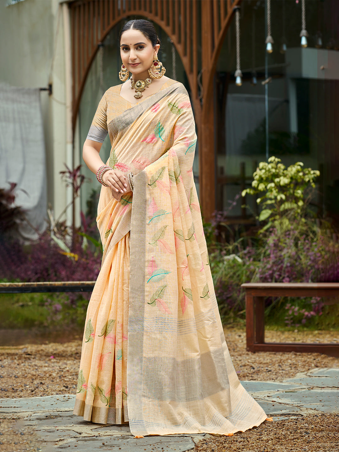 Sangam Prints Orange  Linen Woven Work Traditional Saree - Distacart