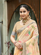 Sangam Prints Orange  Linen Woven Work Traditional Saree - Distacart