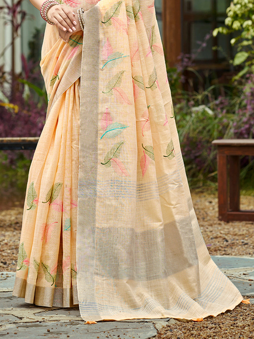 Sangam Prints Orange  Linen Woven Work Traditional Saree - Distacart