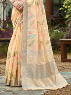 Sangam Prints Orange  Linen Woven Work Traditional Saree - Distacart