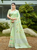 Sangam Prints Light Green Linen Woven Work Traditional Saree - Distacart