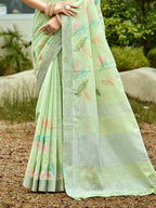 Sangam Prints Light Green Linen Woven Work Traditional Saree - Distacart