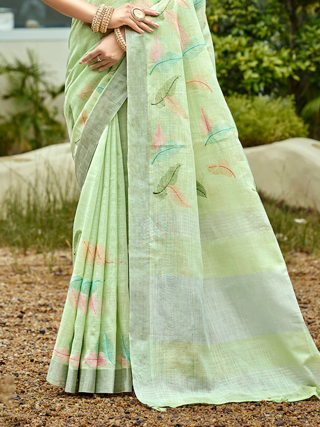 Sangam Prints Light Green Linen Woven Work Traditional Saree - Distacart