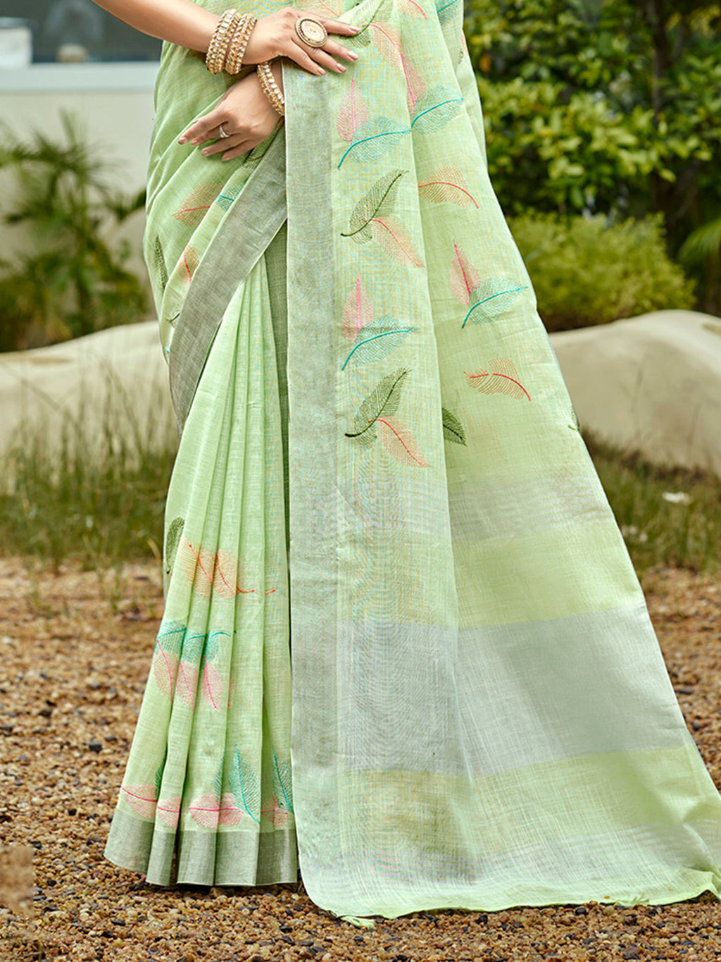 Sangam Prints Light Green Linen Woven Work Traditional Saree - Distacart