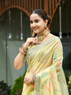 Sangam Prints Yellow Linen Woven Work Traditional Saree - Distacart