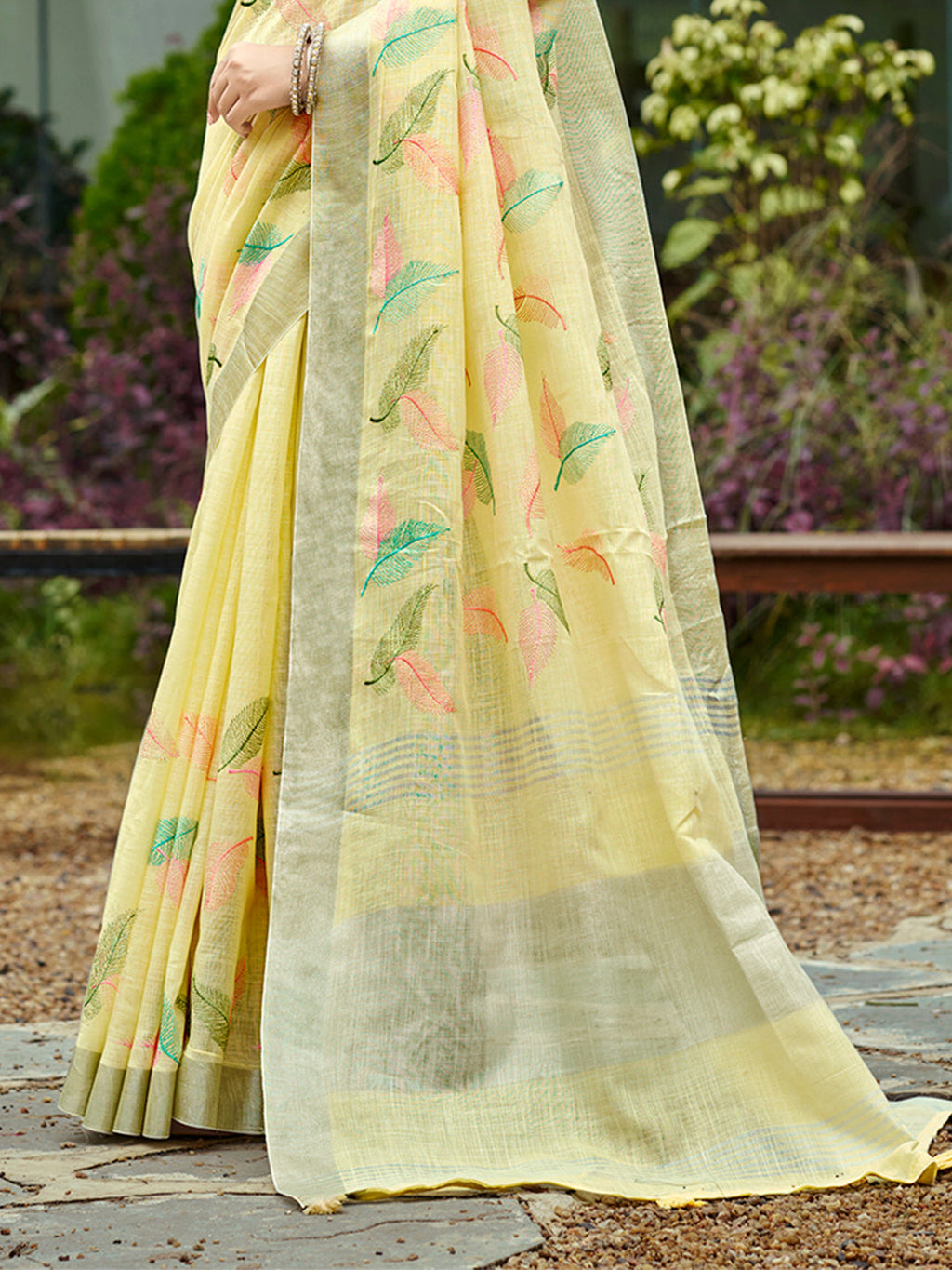 Sangam Prints Yellow Linen Woven Work Traditional Saree - Distacart