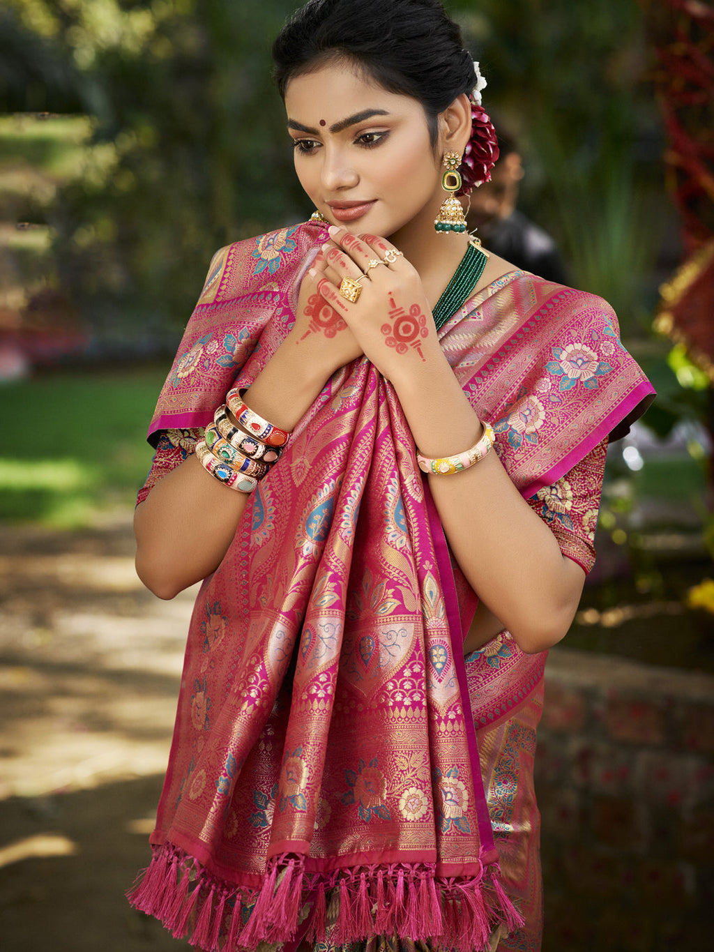 Sangam Prints Pink Silk Woven Work Traditional Saree - Distacart