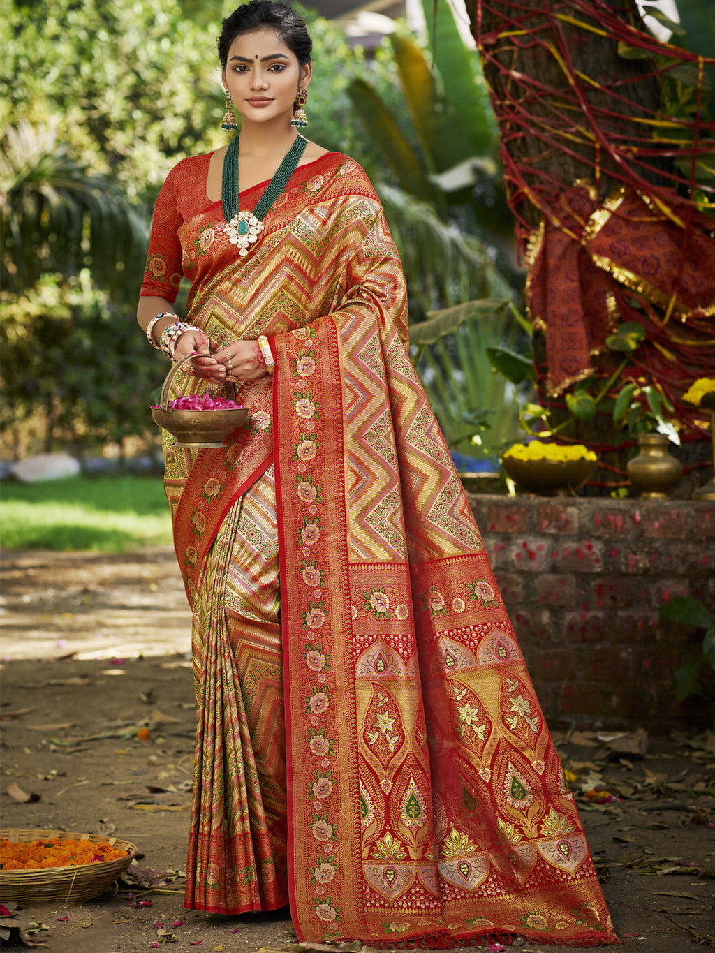 Sangam Prints Red Silk Woven Work Traditional Saree - Distacart