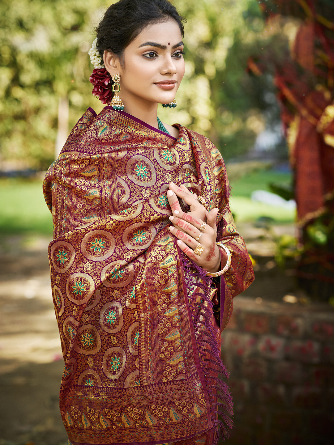 Sangam Prints Wine Silk Woven Work Traditional Saree - Distacart