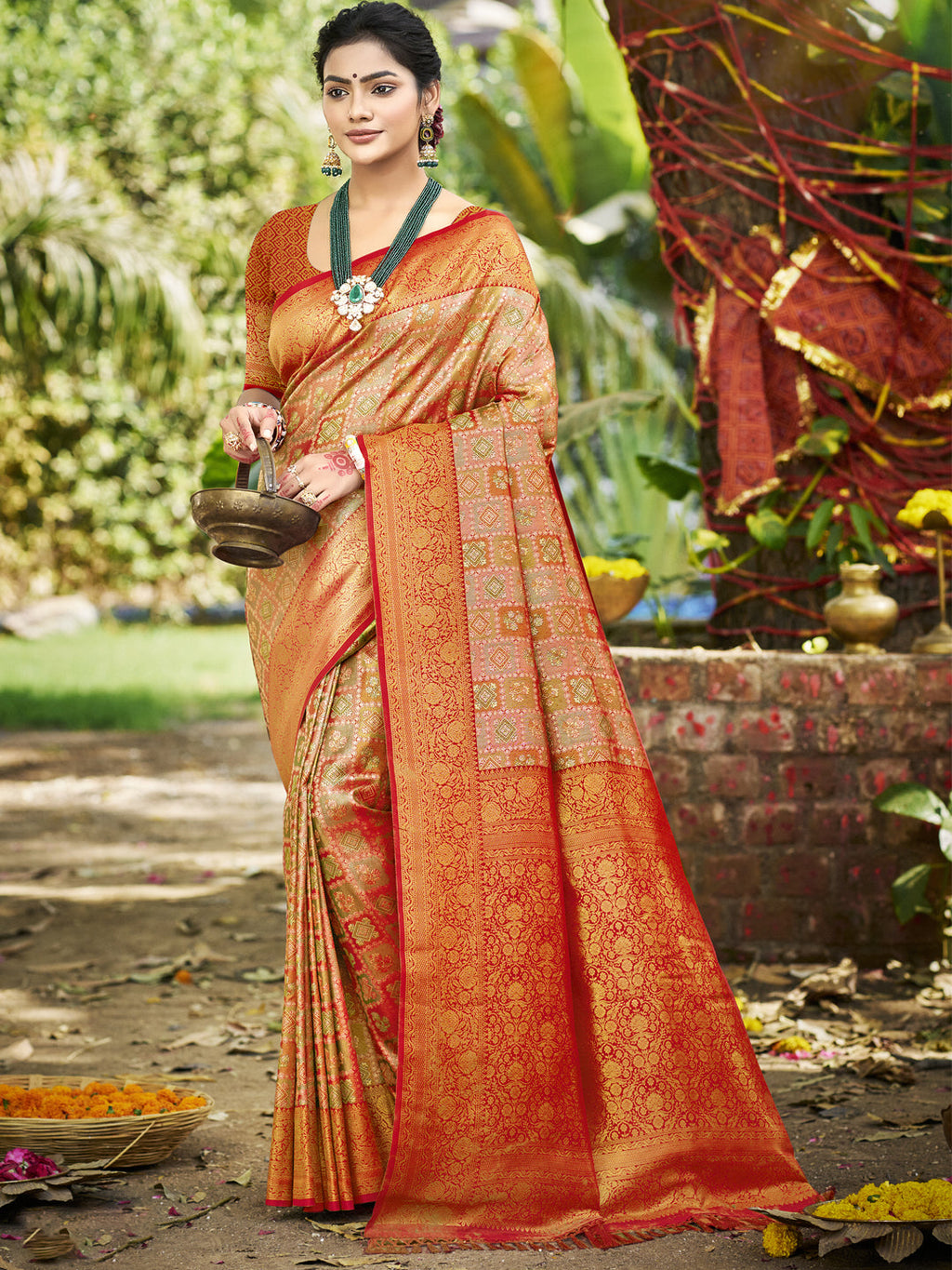 Sangam Prints Orange Silk Woven Work Traditional Saree - Distacart