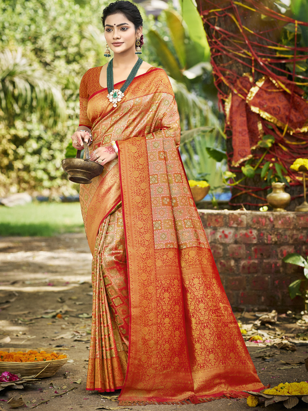 Sangam Prints Orange Silk Woven Work Traditional Saree - Distacart