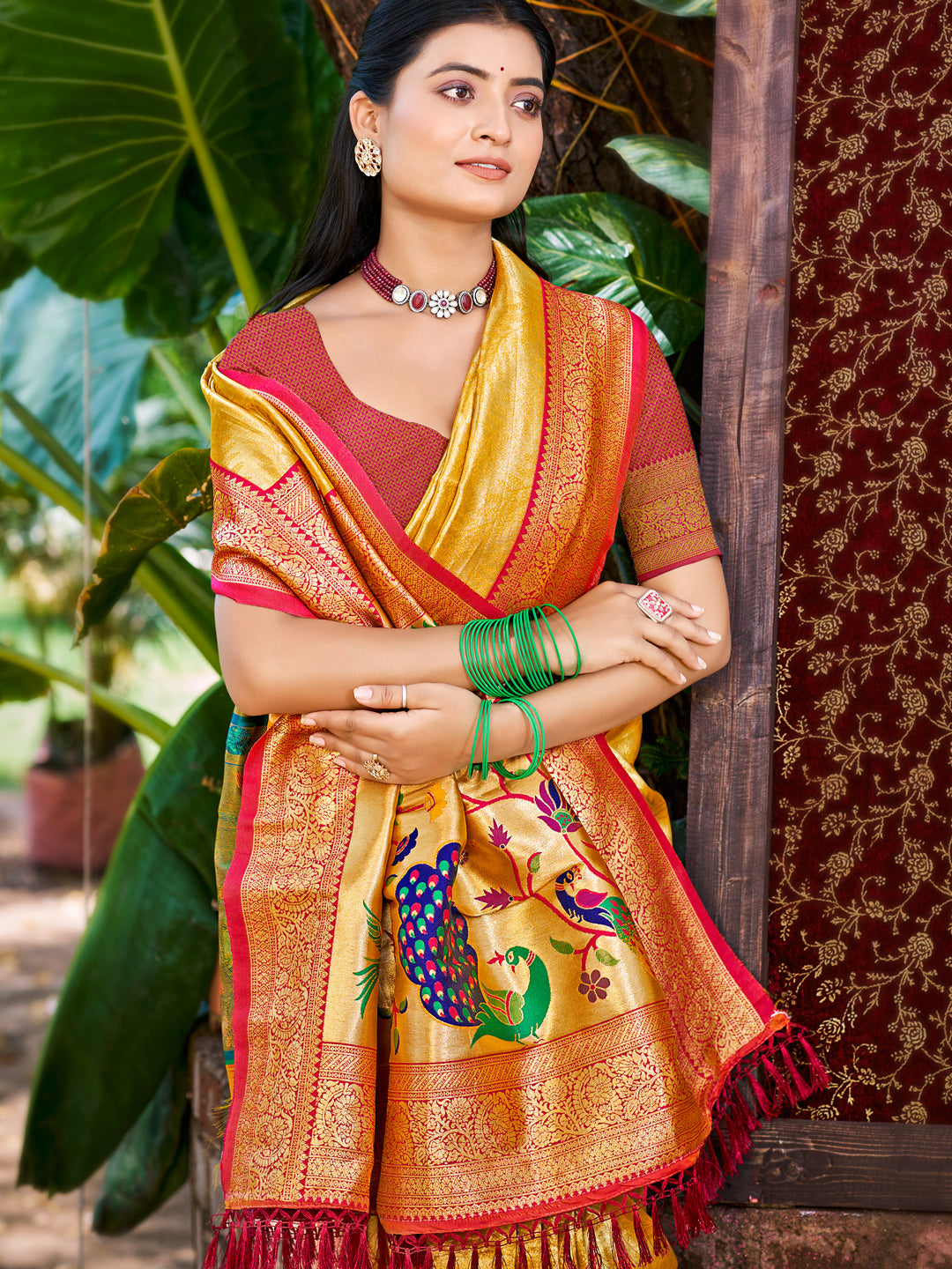 Sangam Prints Mustard Kanjivaram Silk Woven Work Traditional Saree - Distacart