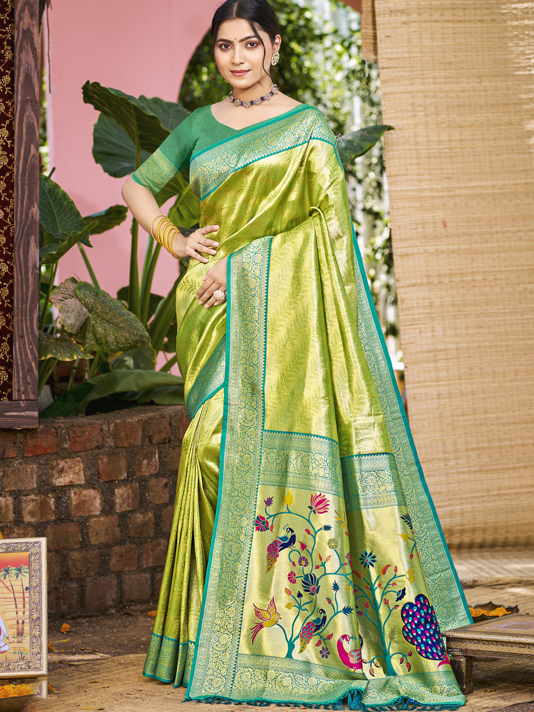 Sangam Prints Green Kanjivaram Silk Woven Work Traditional Saree - Distacart