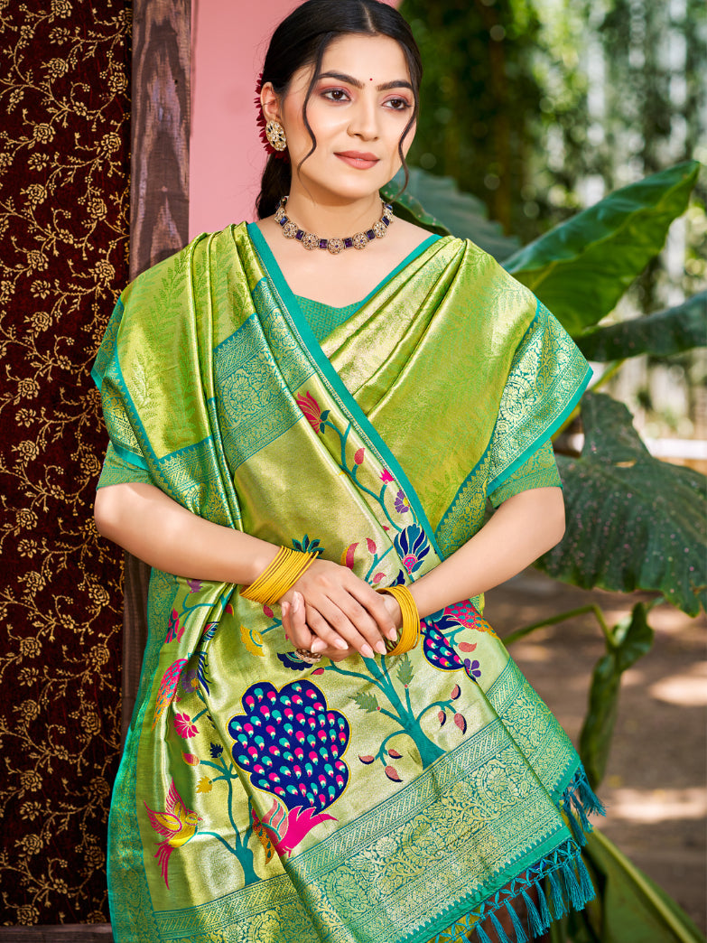 Sangam Prints Green Kanjivaram Silk Woven Work Traditional Saree - Distacart