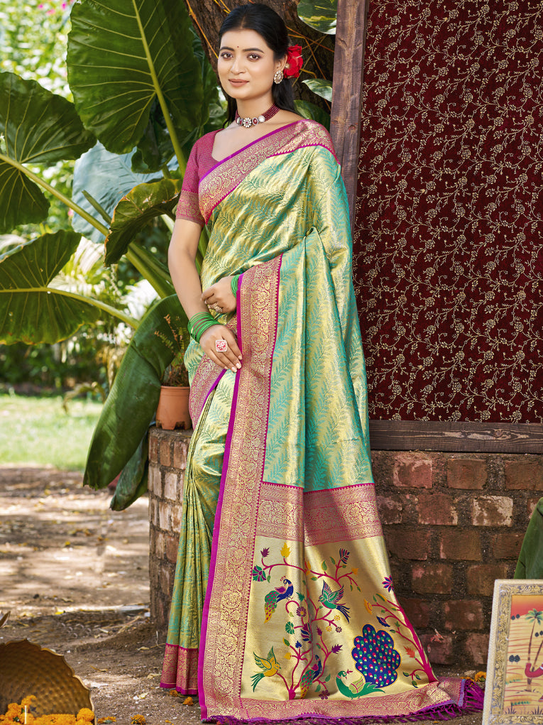 Sangam Prints Multi Color Kanjivaram Silk Woven Work Traditional Saree - Distacart