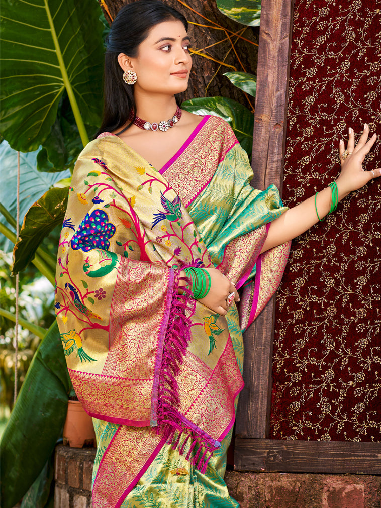 Sangam Prints Multi Color Kanjivaram Silk Woven Work Traditional Saree - Distacart