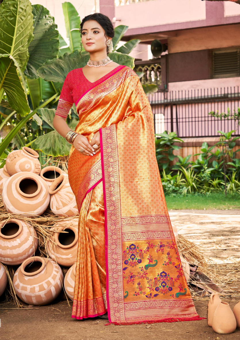 Sangam Prints Multi Color Kanjivaram Silk Woven Work Traditional Saree - Distacart