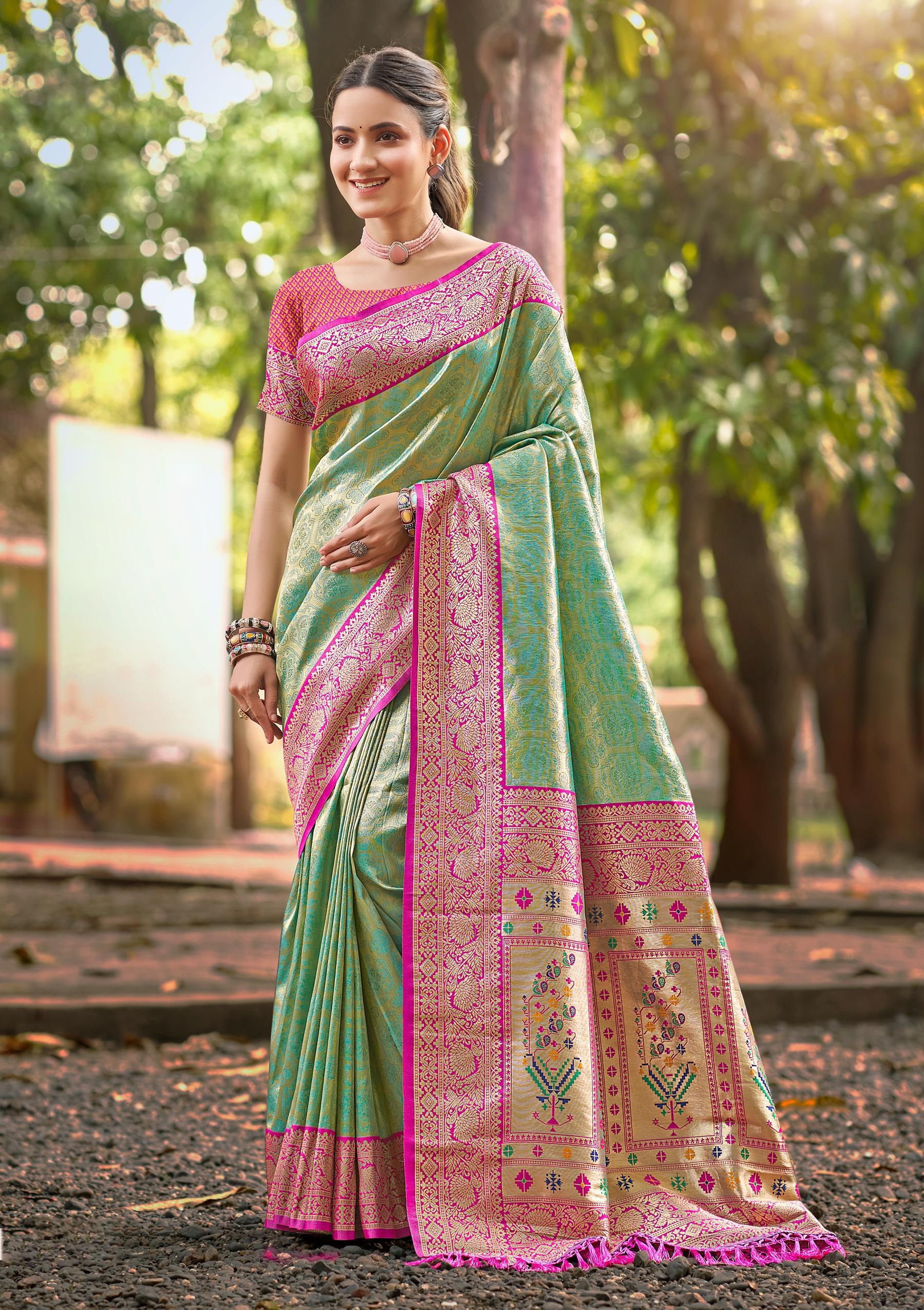 Sangam Prints Multi Color Kanjivaram Silk Woven Work Traditional Saree - Distacart