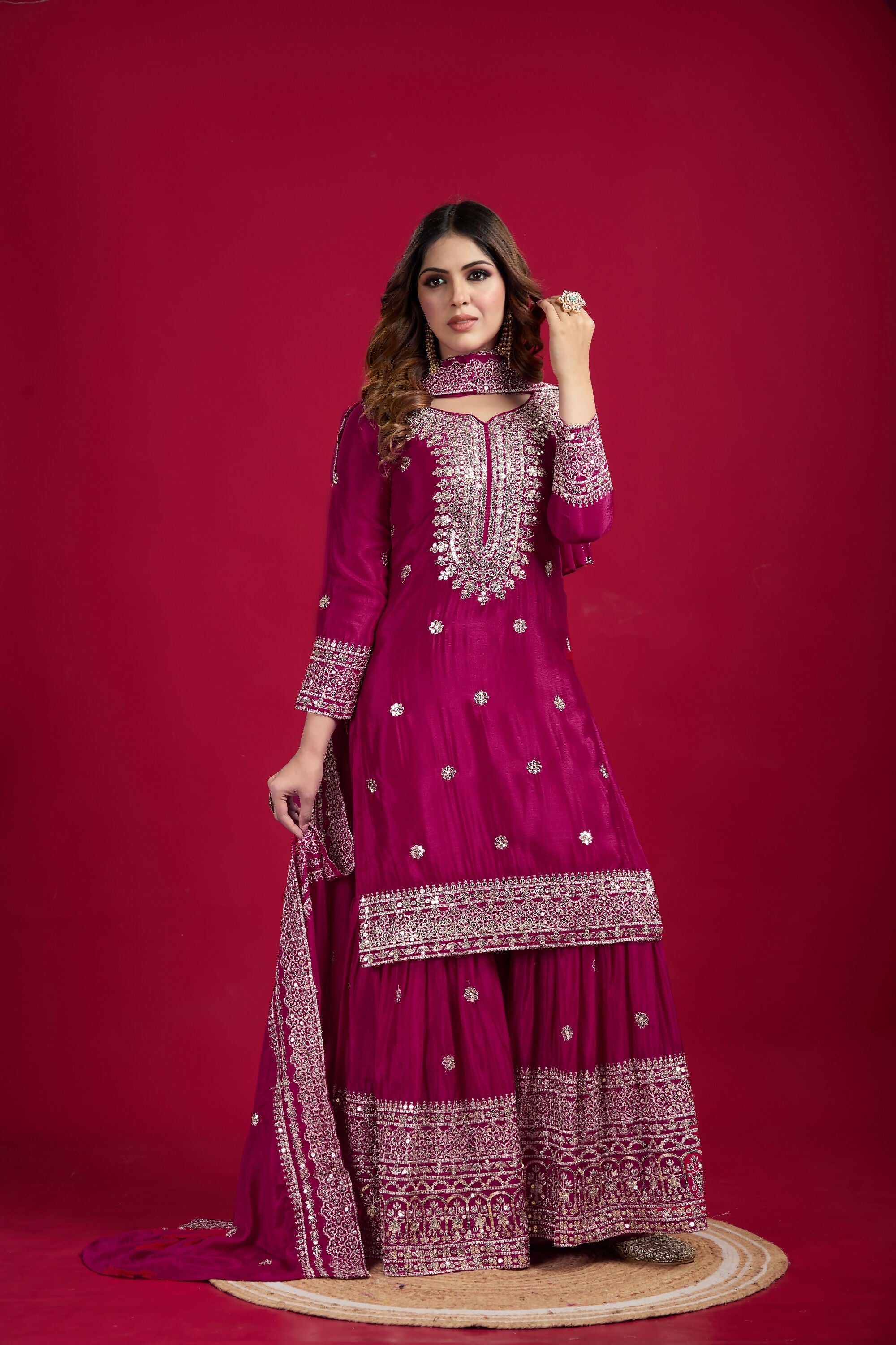 Joban Fashion Rani Kurta Set Silk Sequins , Zari, Coding & Thread Embroidered work - Distacart