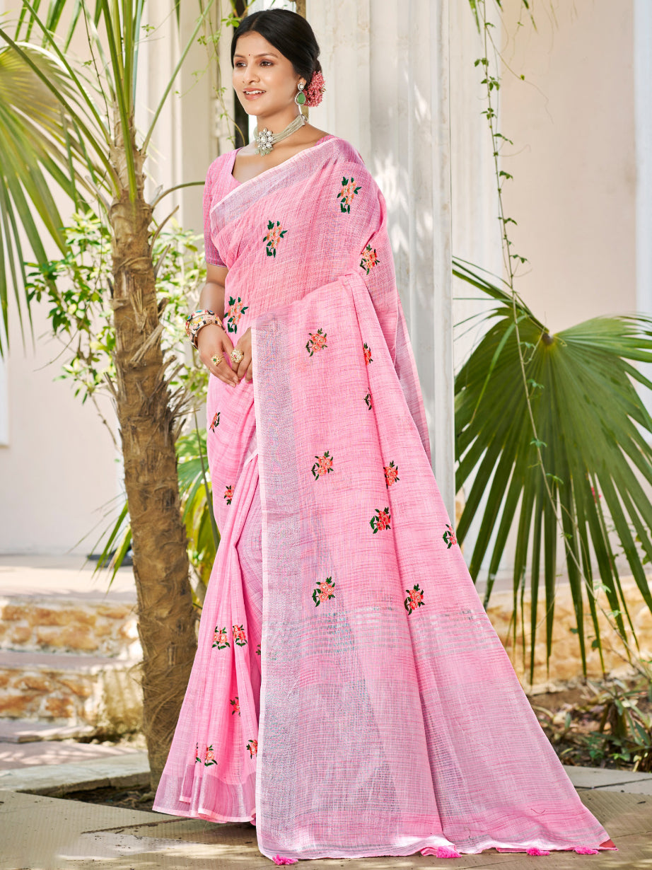 Sangam Prints Light Pink Linen Woven Work Traditional Saree - Distacart