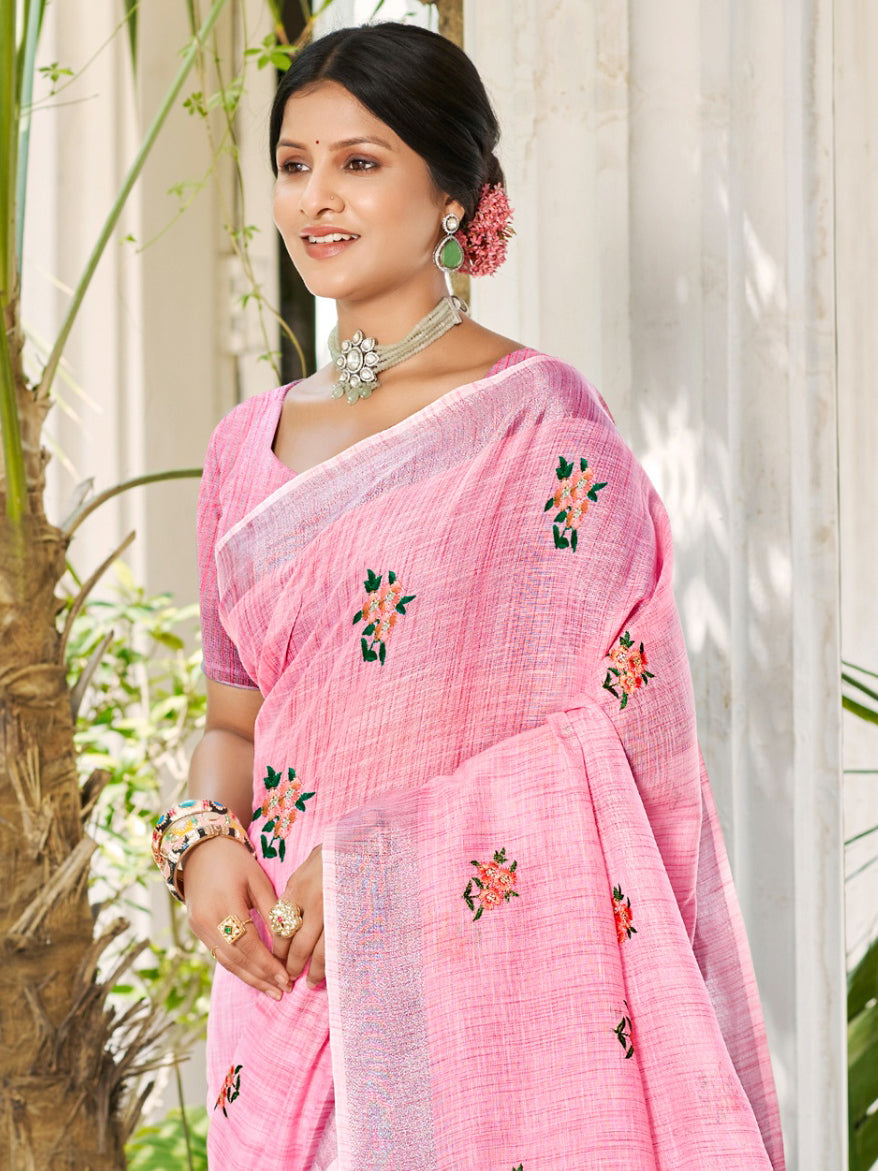 Sangam Prints Light Pink Linen Woven Work Traditional Saree - Distacart