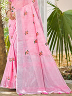 Sangam Prints Light Pink Linen Woven Work Traditional Saree - Distacart