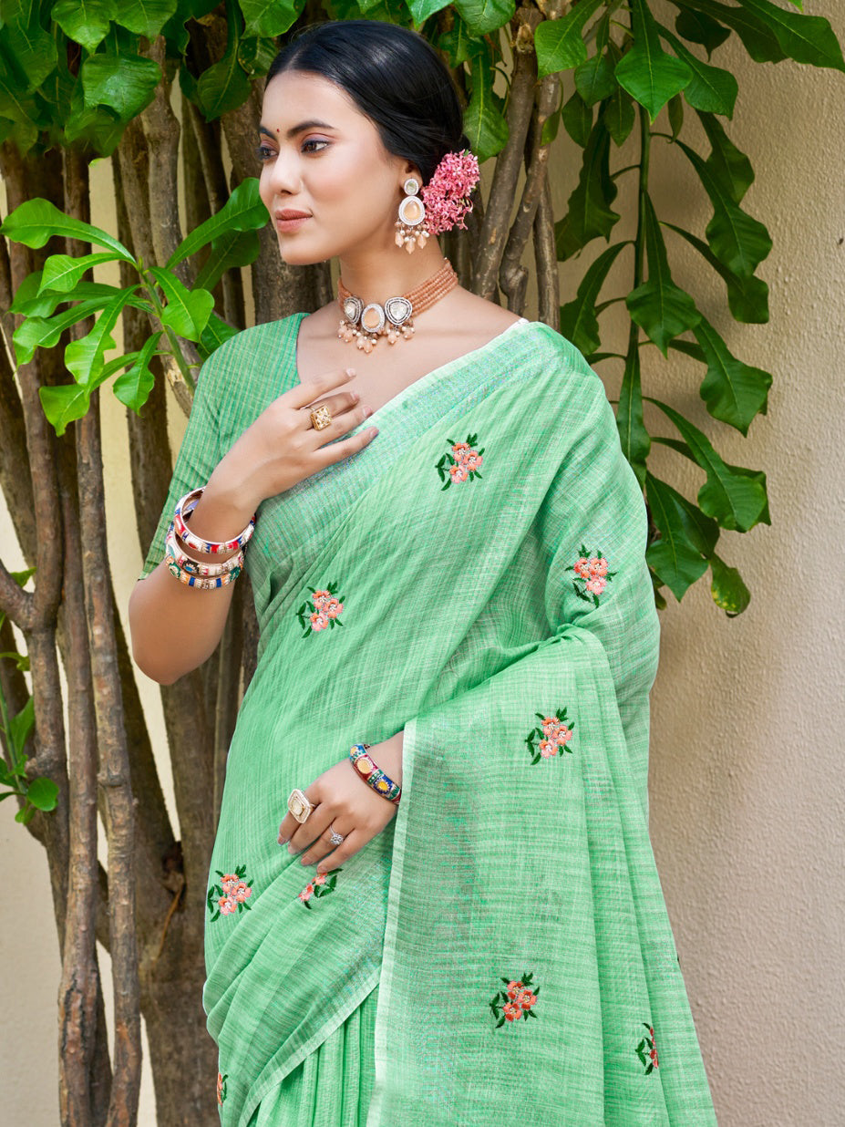 Sangam Prints Light Green Linen Woven Work Traditional Saree - Distacart