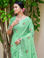 Sangam Prints Light Green Linen Woven Work Traditional Saree - Distacart