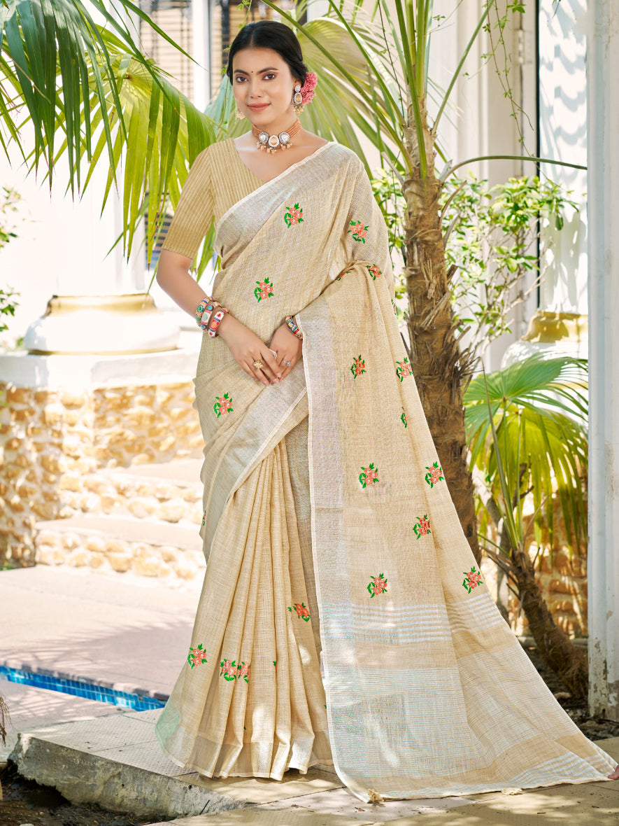 Sangam Prints Crem Linen Woven Work Traditional Saree - Distacart