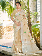 Sangam Prints Crem Linen Woven Work Traditional Saree - Distacart