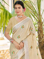 Sangam Prints Crem Linen Woven Work Traditional Saree - Distacart