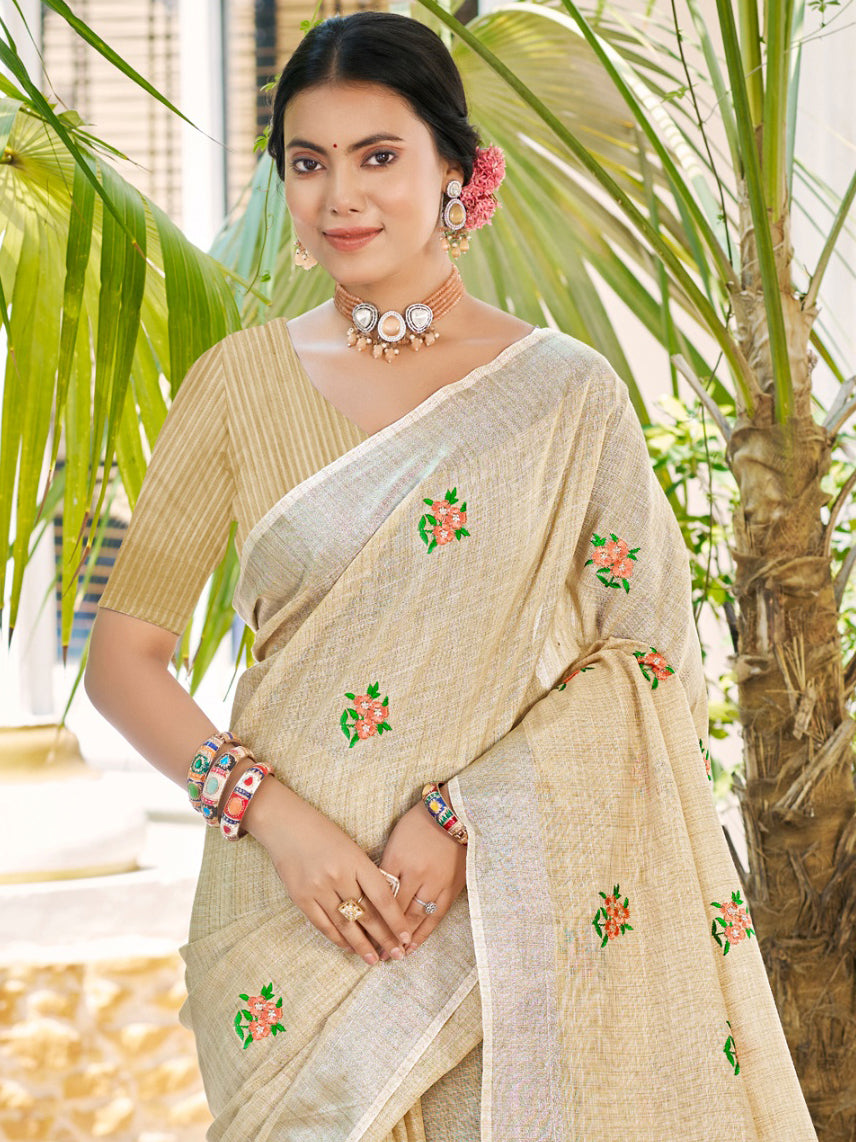Sangam Prints Crem Linen Woven Work Traditional Saree - Distacart