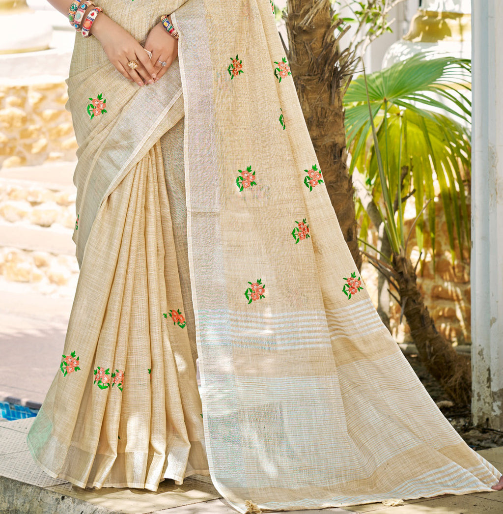 Sangam Prints Crem Linen Woven Work Traditional Saree - Distacart