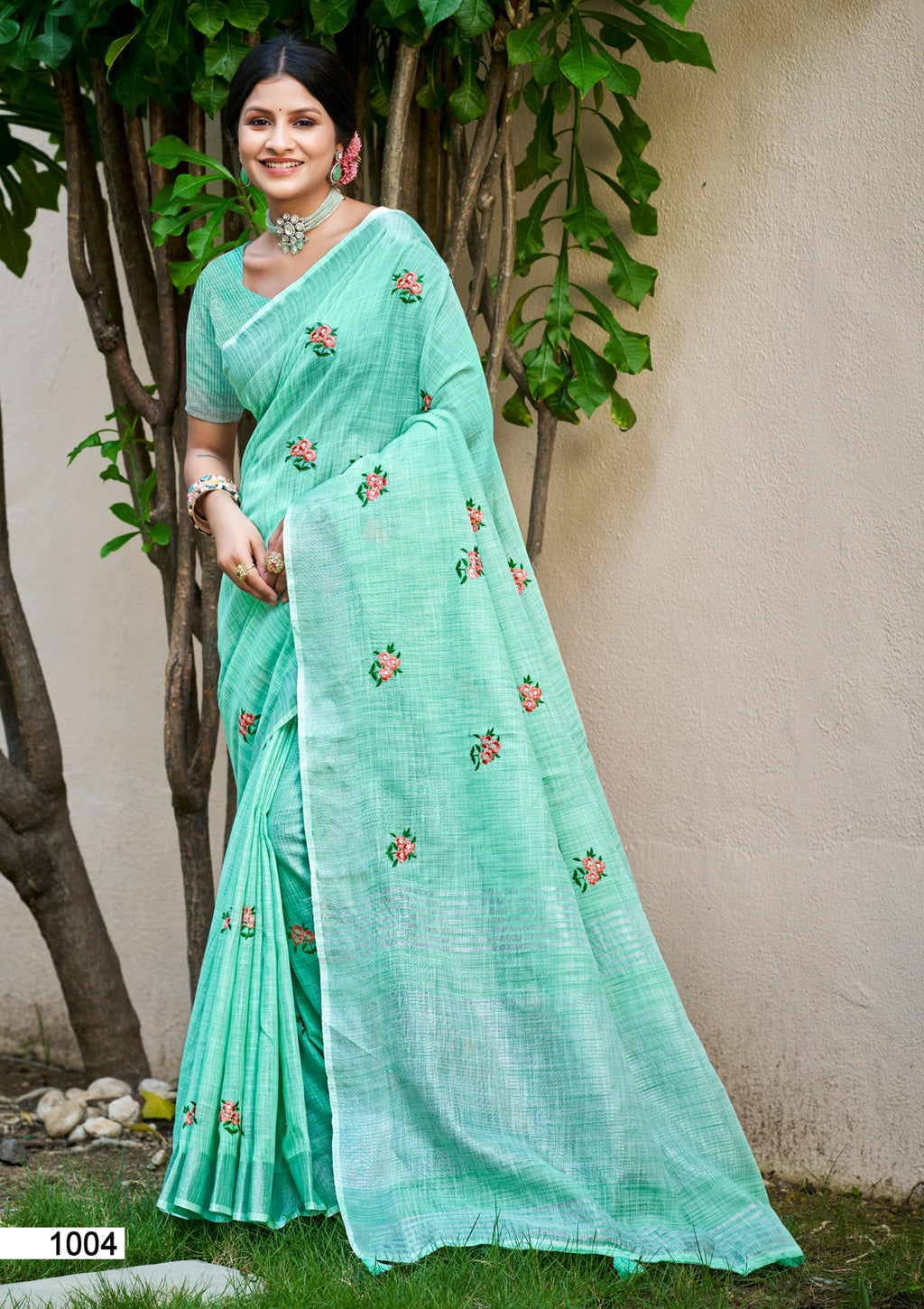 Sangam Prints Sea Green Linen Woven Work Traditional Saree - Distacart