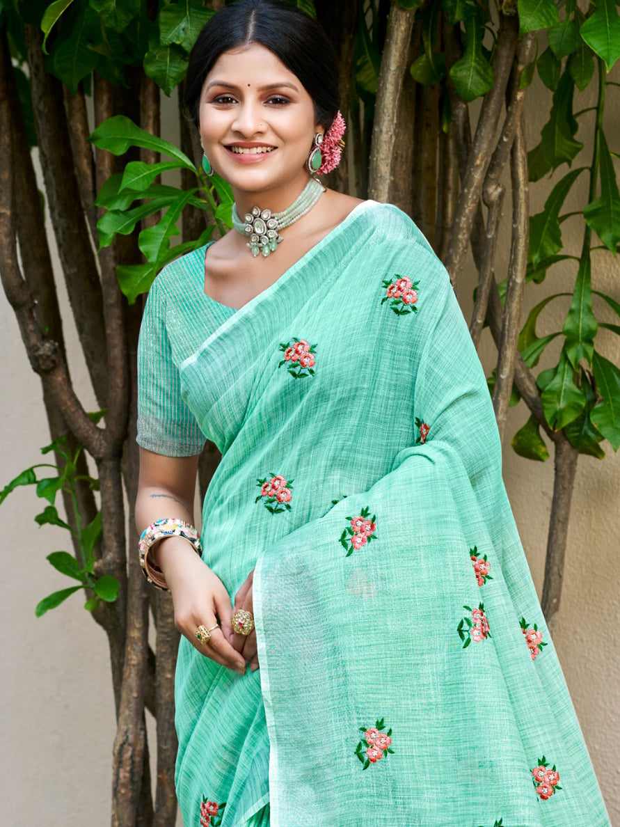Sangam Prints Sea Green Linen Woven Work Traditional Saree - Distacart