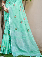 Sangam Prints Sea Green Linen Woven Work Traditional Saree - Distacart