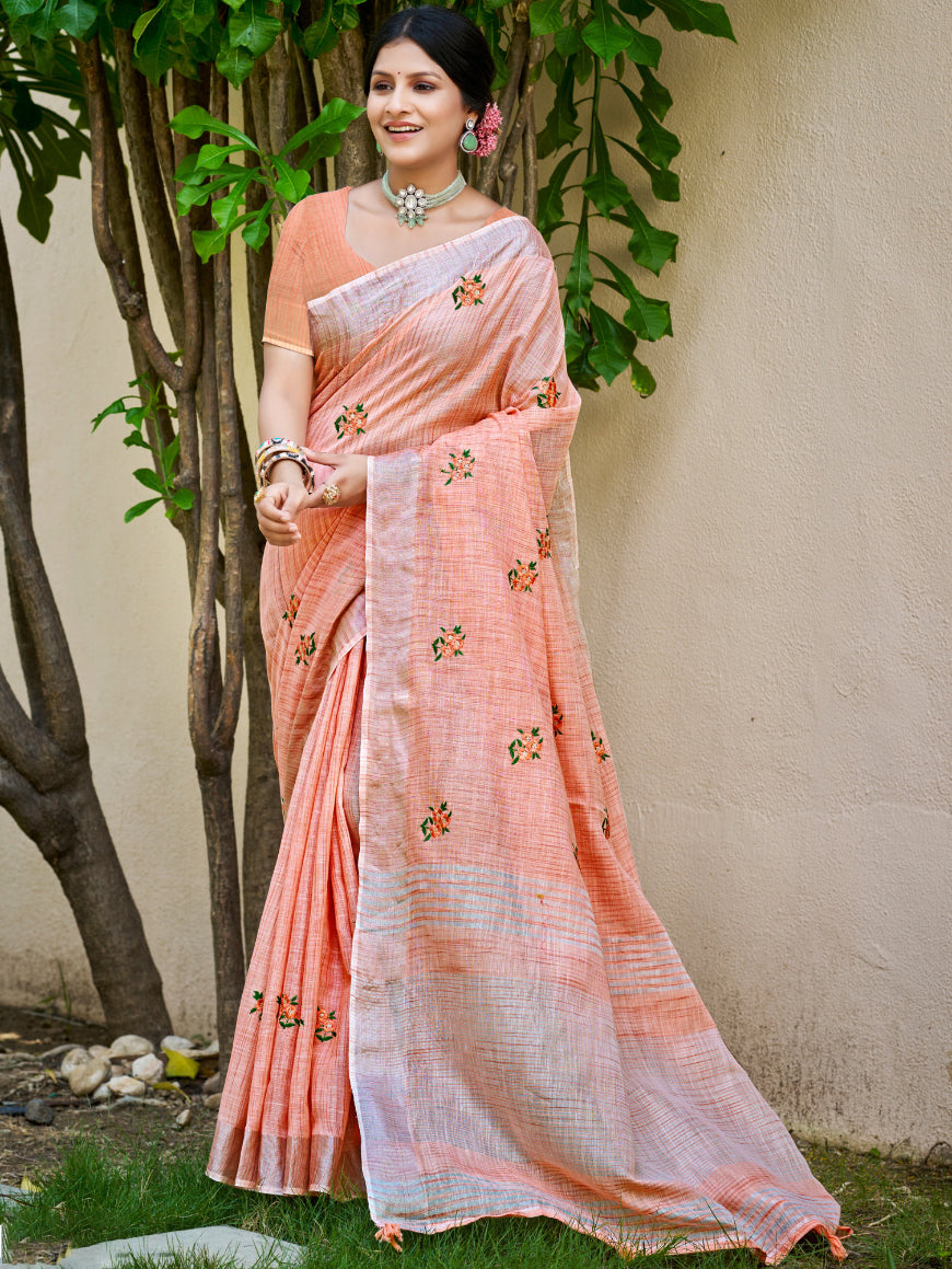 Sangam Prints Peach Linen Woven Work Traditional Saree - Distacart
