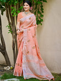 Sangam Prints Peach Linen Woven Work Traditional Saree - Distacart